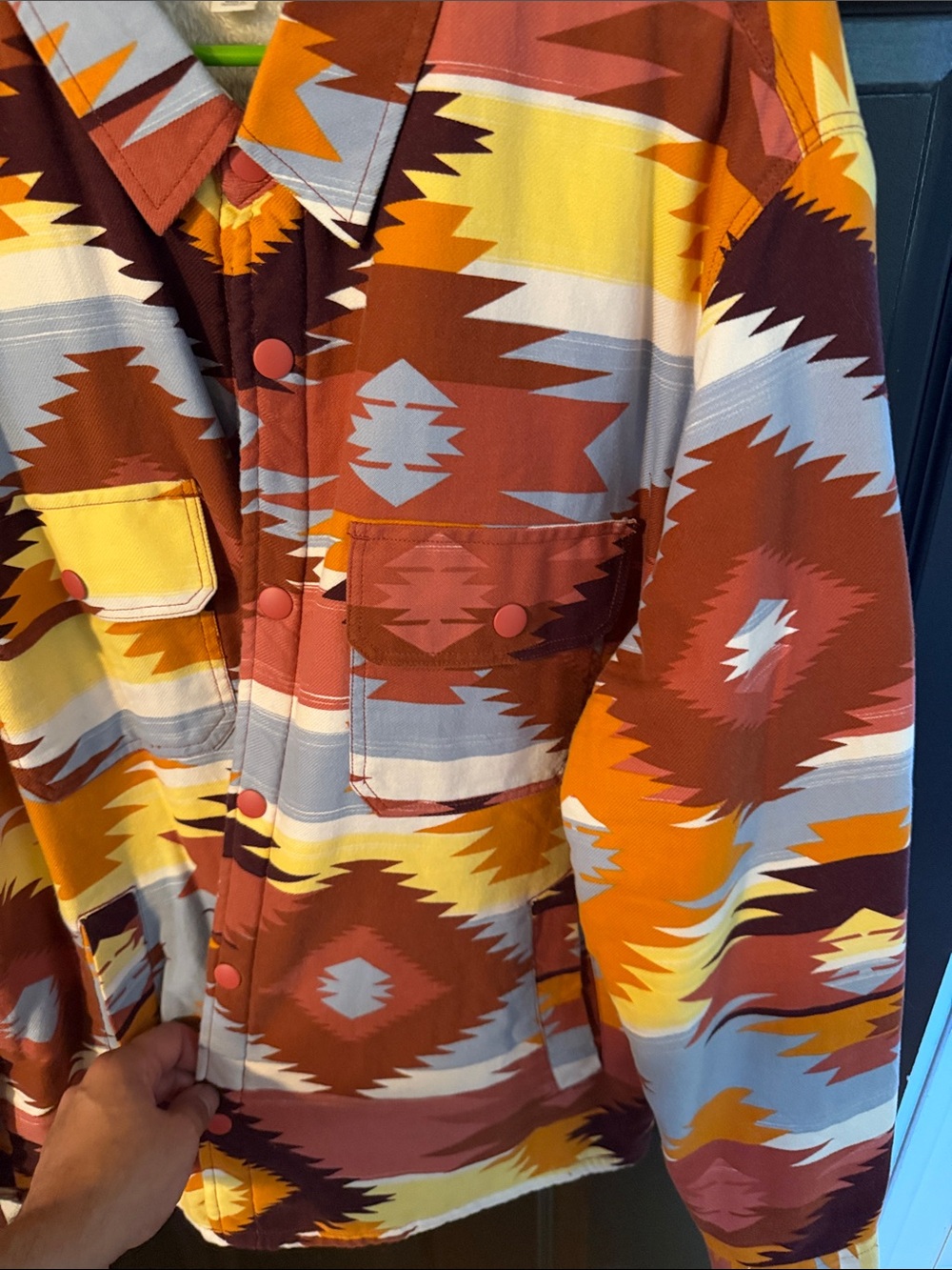 Sun + Stone Aztec Pattern Utility Jacket - Rust, Yellow, Light Blue - Picture 6 of 6